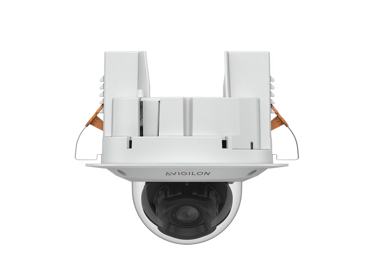 Surveillance camera with white housing and black lens by Avigilon.