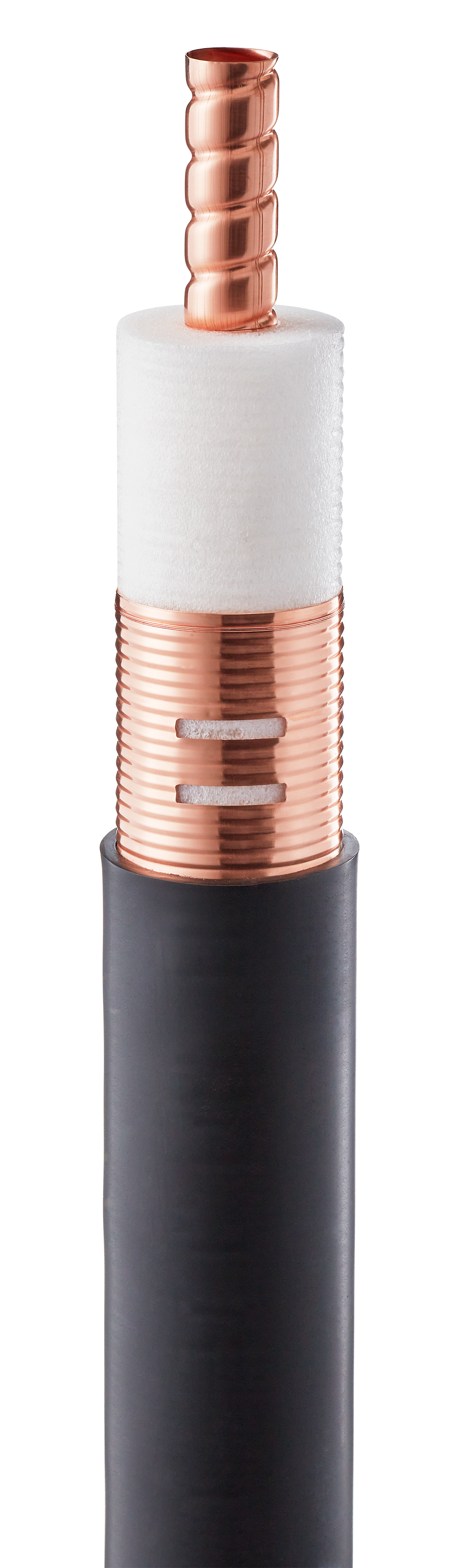 7000_00757861_RFS_01.png Coaxial cable with copper core, foam insulation, and black outer jacket.