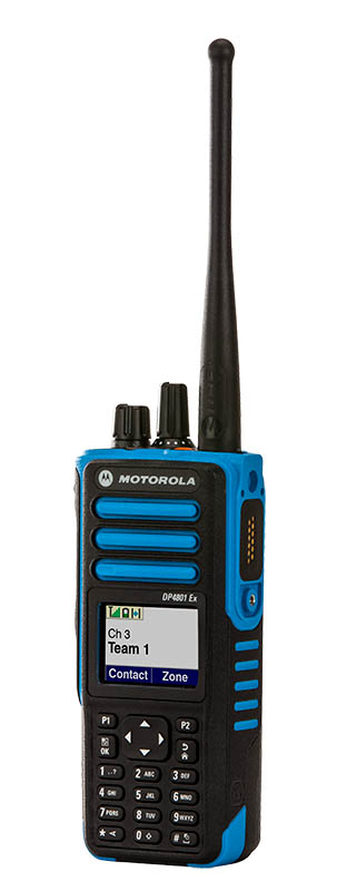 Motorola radio with antenna and keypad, display shows 'Ch 3 Team 1'.