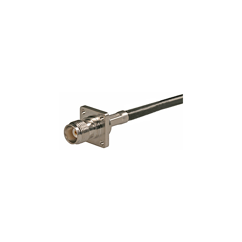 Koaxialstecker mit Kabel, silberfarben, quadratische Basis.