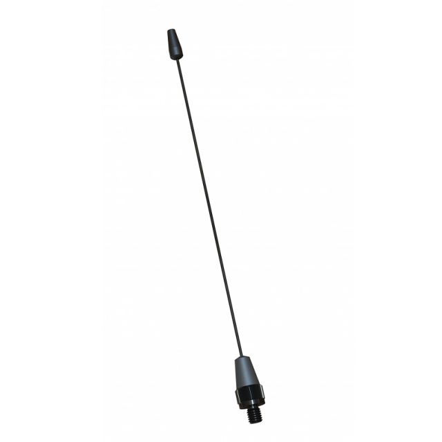 Black whip antenna with screw thread at the bottom and rubber tip at the top.