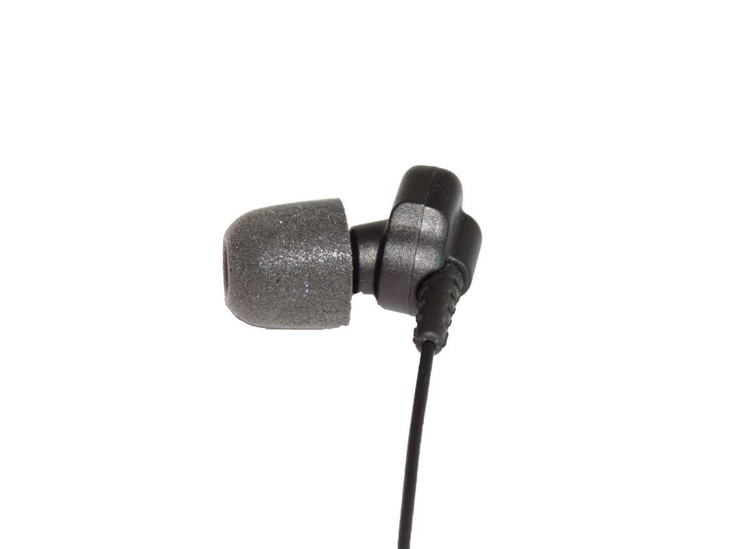 A black in-ear headphone with a gray foam tip.