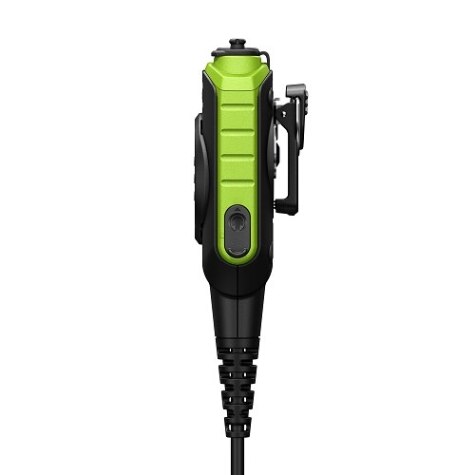 Side view of a green and black radio microphone with clip and cable.