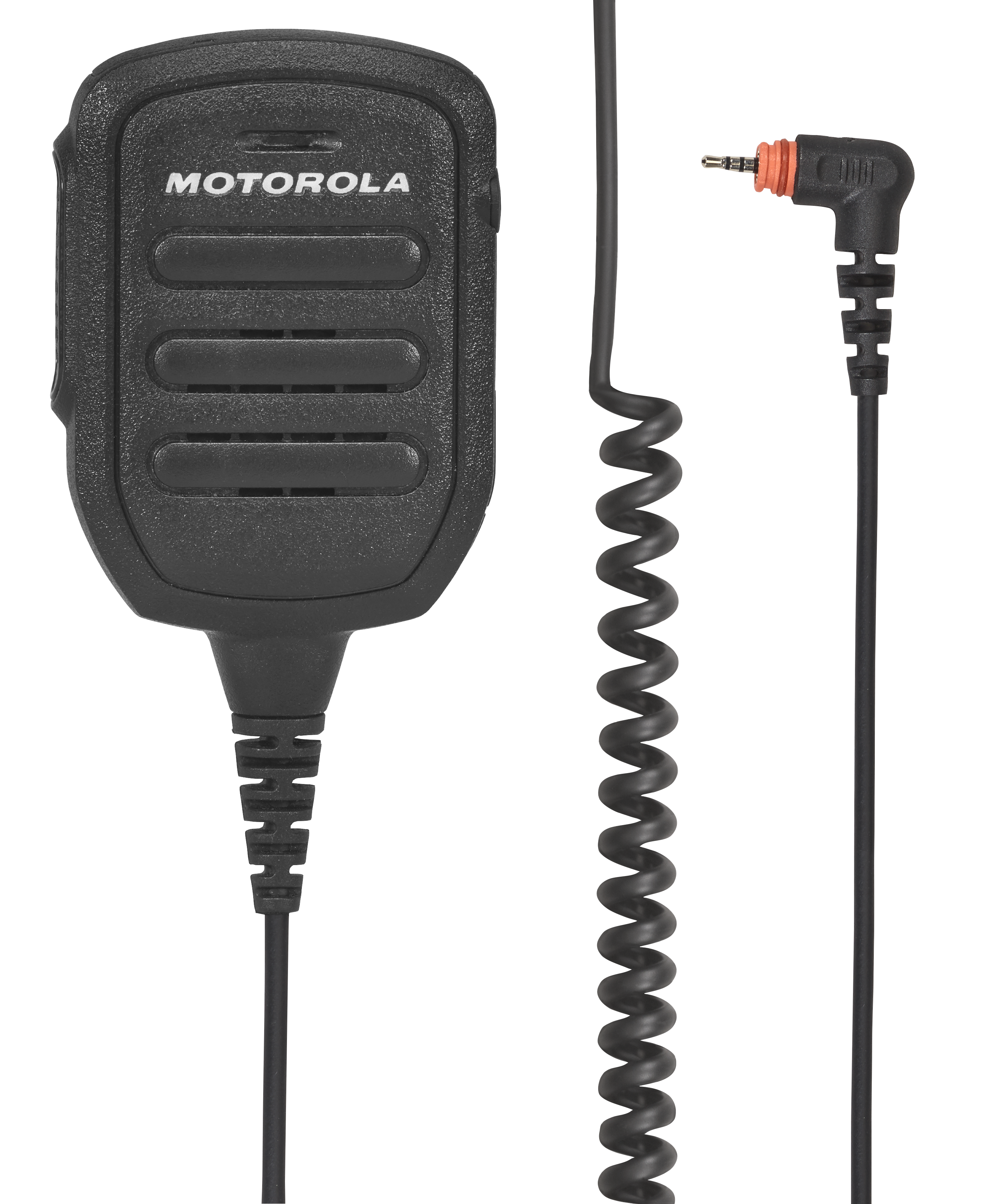 Black handheld speaker microphone with coiled cord.