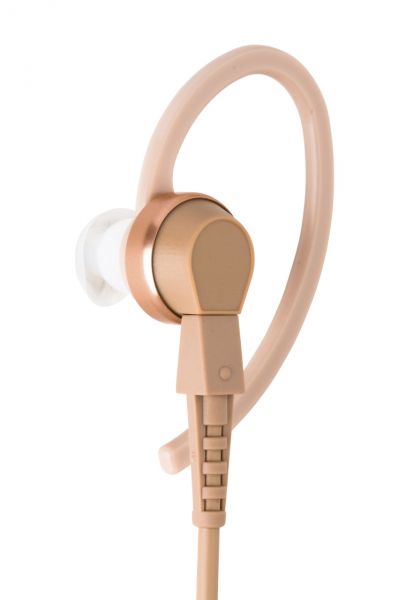 Ohrhörer in Beige mit Ohrbügel und geriffeltem Kabel.