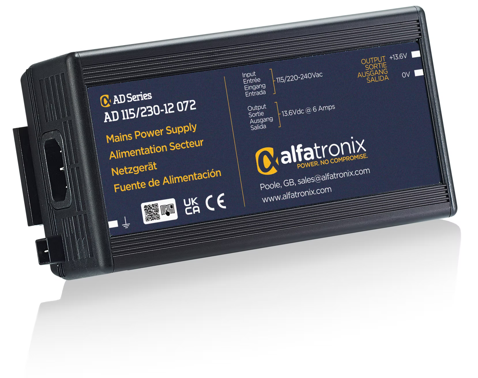 Black alfatronix power supply AD series with specifications on the label.