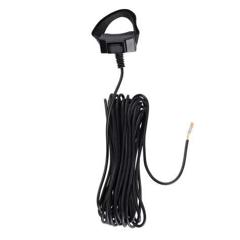 Schwarzes Spiralkabel mit Klinkenstecker und Klettverschluss.