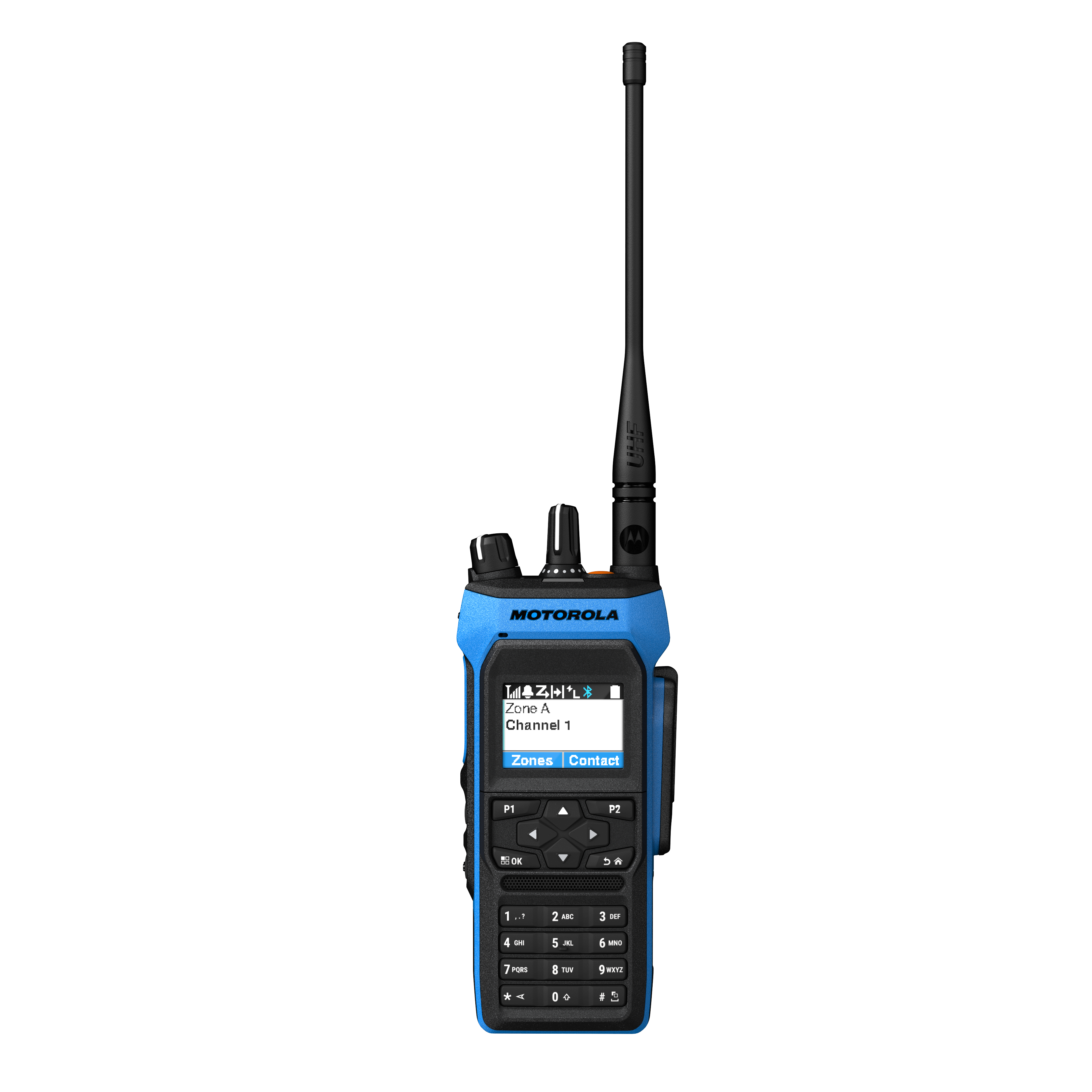 Blaues Handfunkgerät mit Display, Tastenfeld und Antenne.