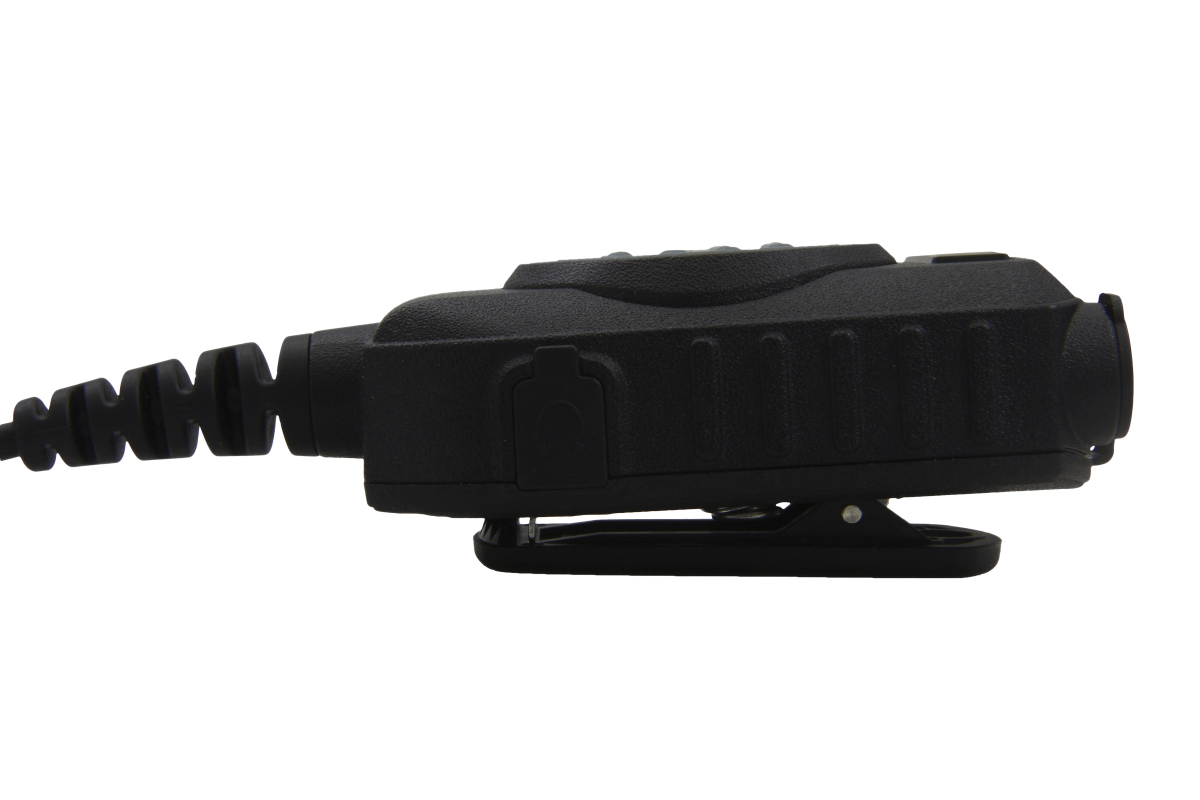 Black handheld radio with cable, side view.
