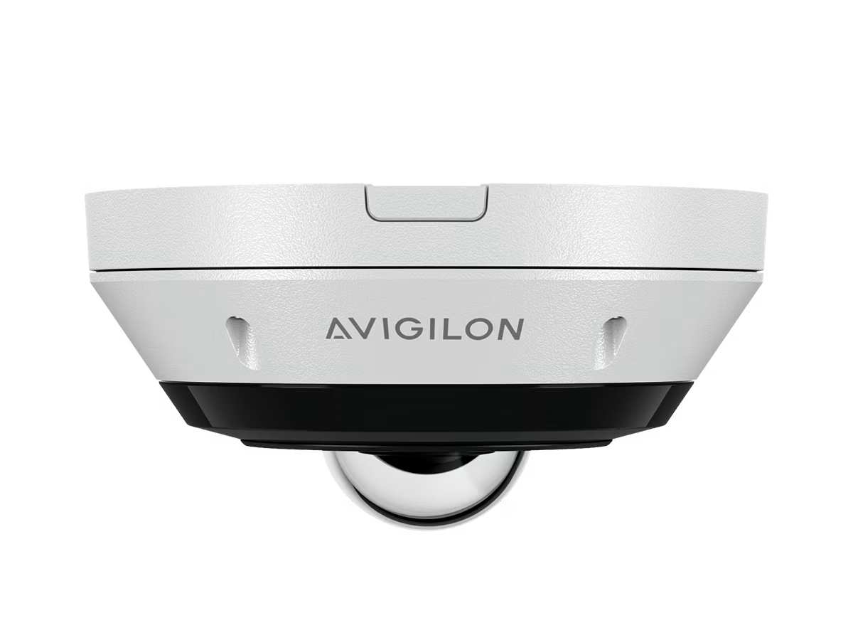 Runde, weiße Überwachungskamera mit Avigilon-Logo.