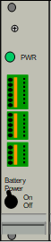 Electronic device with green PWR light and battery switch, three terminal blocks.