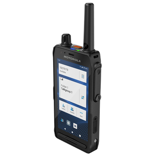 7000_00757738_MOT_02.png Funkgerät mit Touchscreen, Antenne und mehreren Knöpfen.