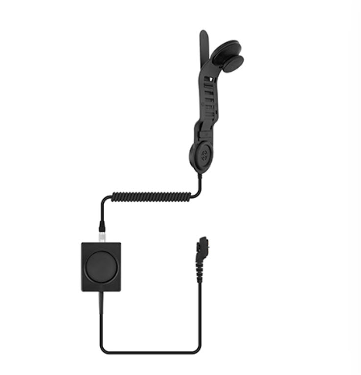 Black wired earhook set with a rectangular control unit.