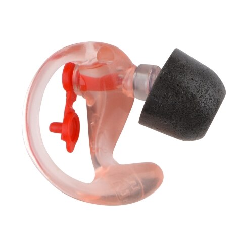 Transparent in-ear hearing protection with black foam tip and red button.