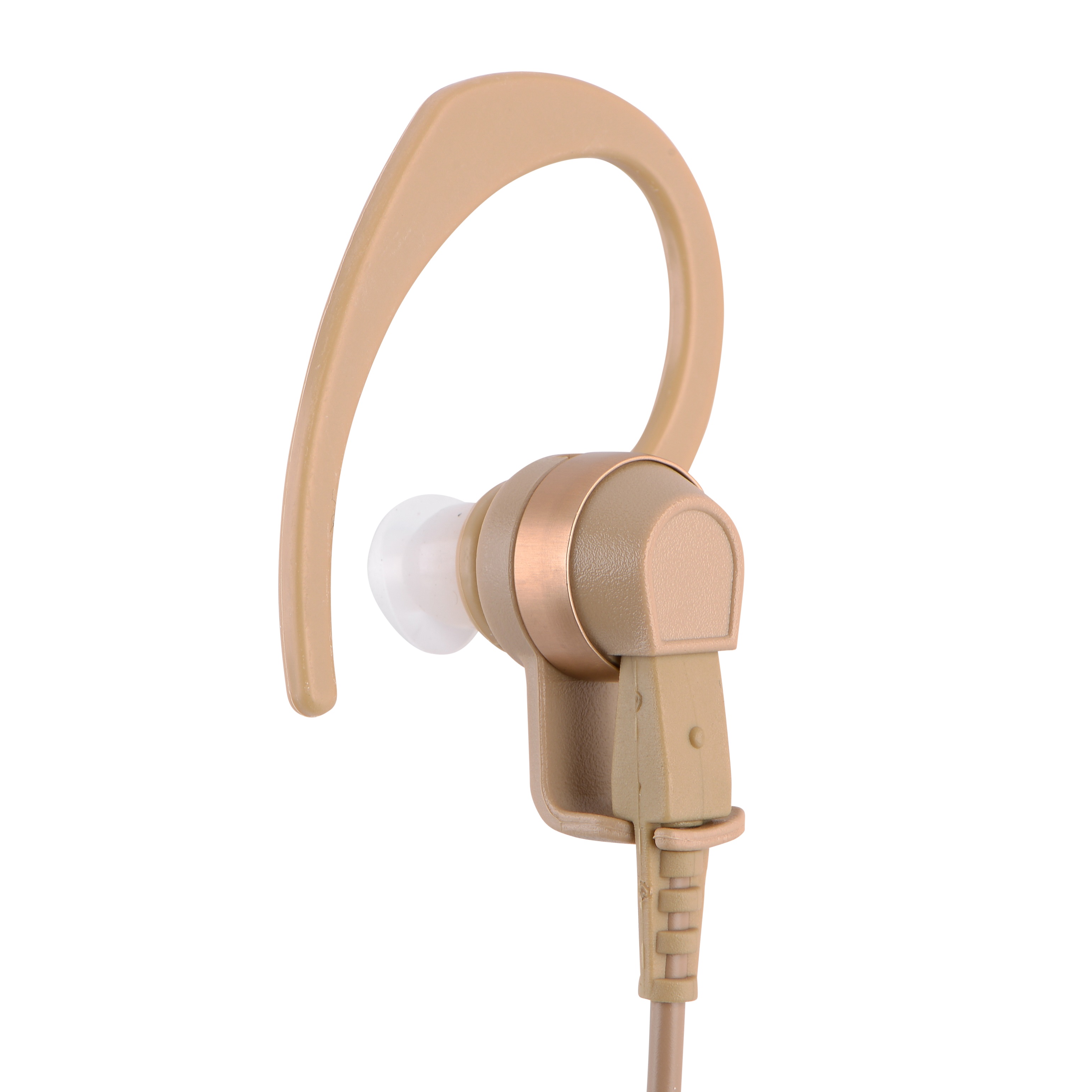 Beiges In-Ear-Kopfhörer mit Ohrbügel und transparentem Ohrstück.