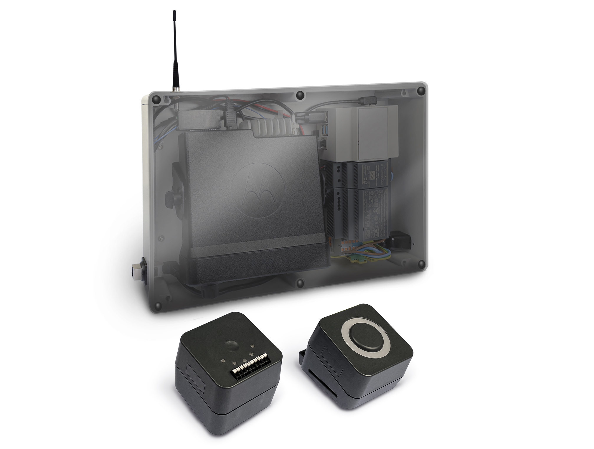 Open electronic device with antenna and two black modules.