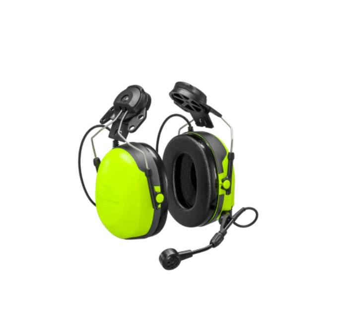 7000_00753716_MOT_01.jpg Neongrüner Gehörschutz mit Mikrofon, geeignet für Helm-Befestigung.