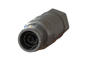 Metallischer Steckverbinder mit Gewinde, zylindrisch geformt.
