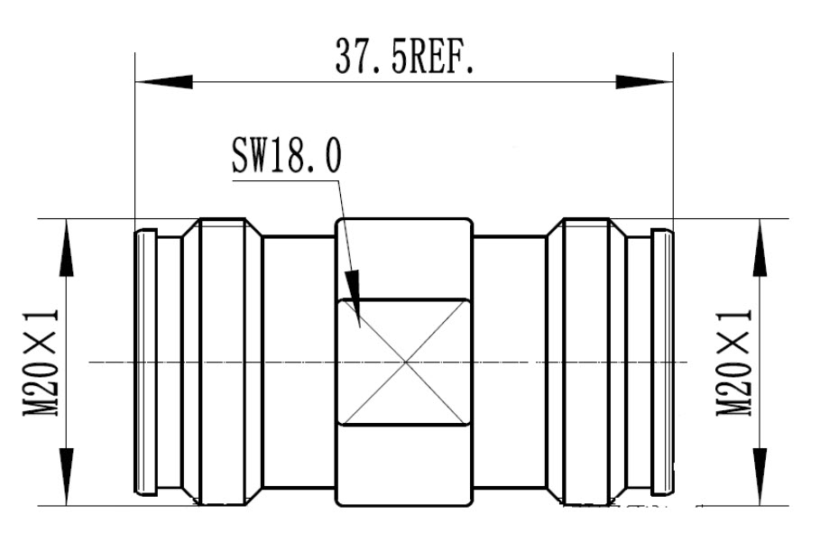 Technische Zeichnung eines Verbinders mit Maßen M20×1, 37.5 und SW18.0.
