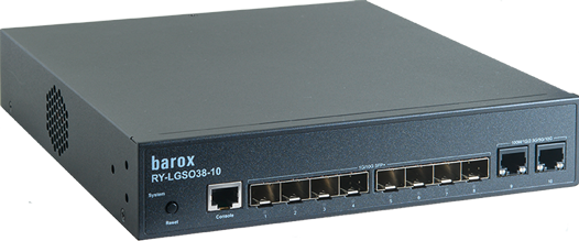 Network switch with eight fiber and two Gigabit ports, model number RY-LGS038-10.