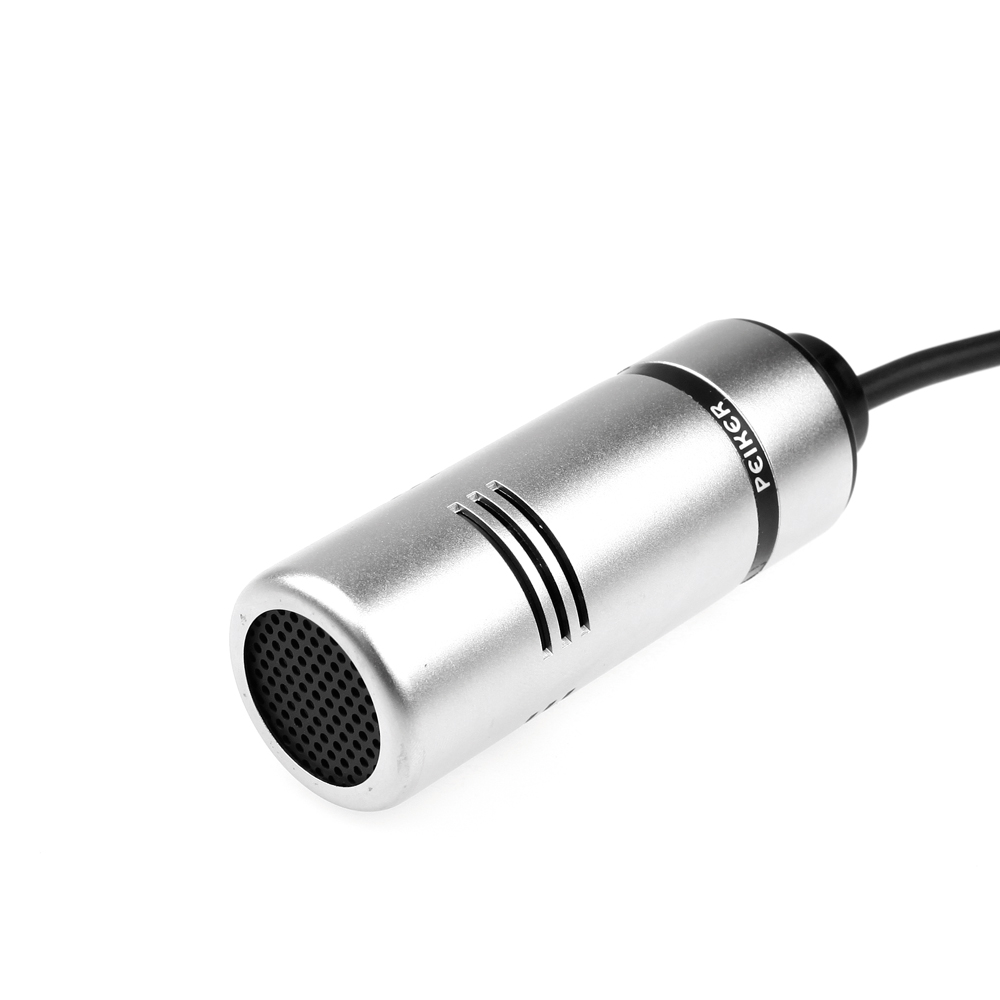 2114-001-000-03.jpg Silbernes zylinderförmiges Mikrofon mit Kabel, belüftete Vorderseite.