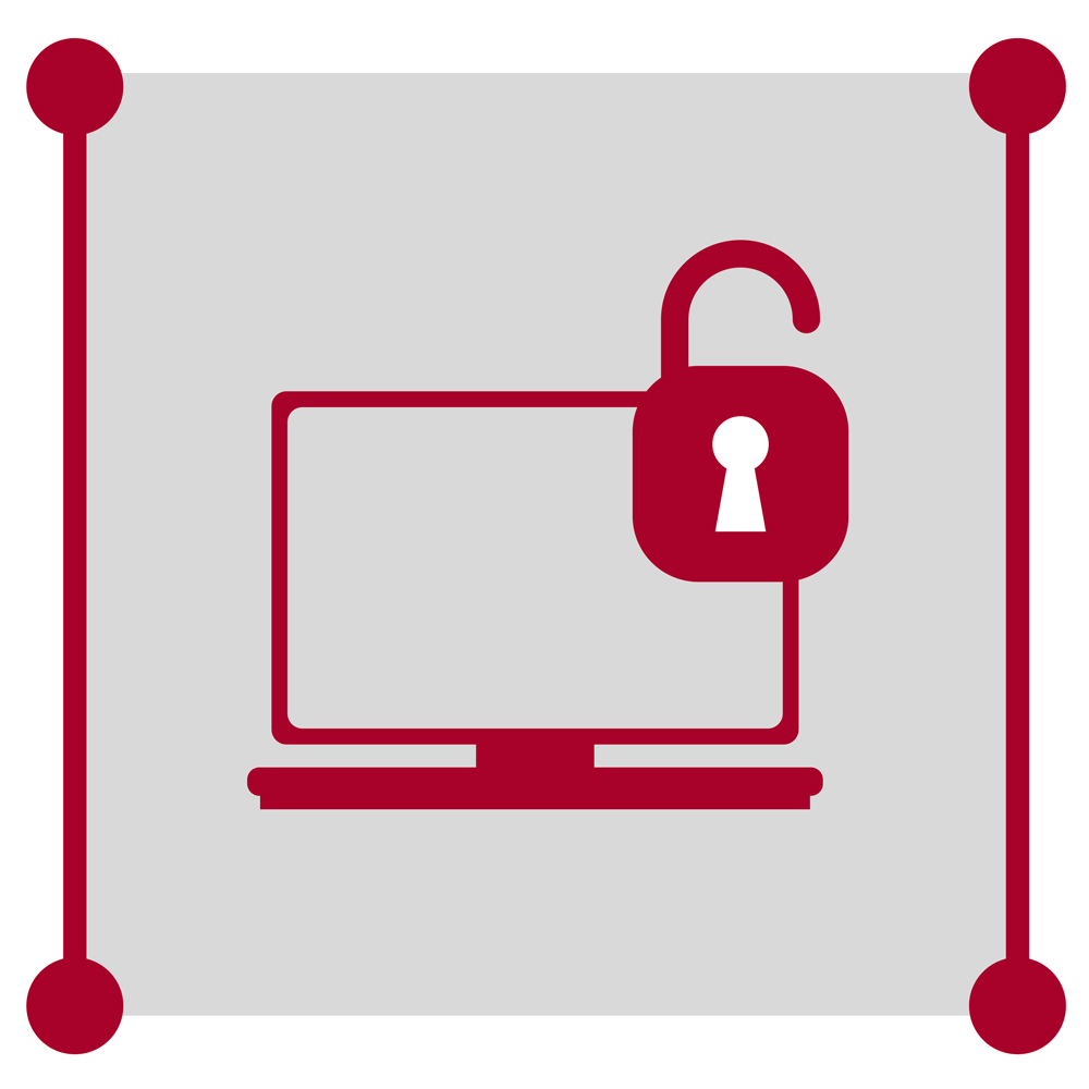 ICON_Lizenzen_1000x1000px_3.jpg Computerbildschirm mit offenem Schloss daneben, auf grauem Hintergrund.