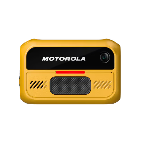 Yellow communication device with camera and microphone.