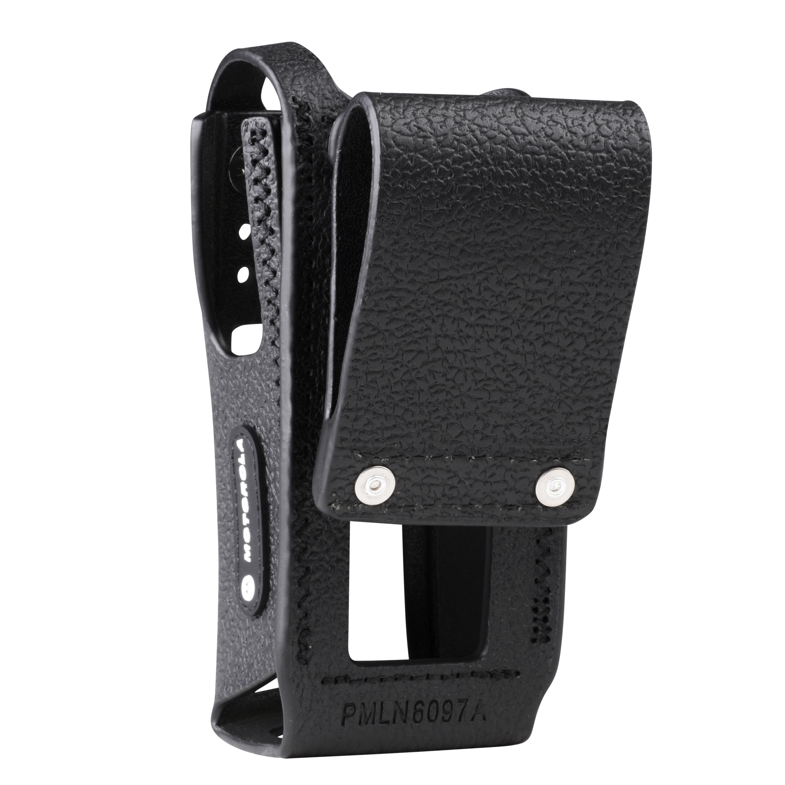 Black leather case for a handheld radio.