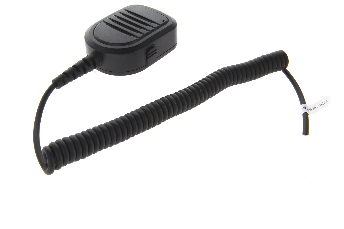 Schwarzes Handmikrofon mit Spiralkabel und Stecker.