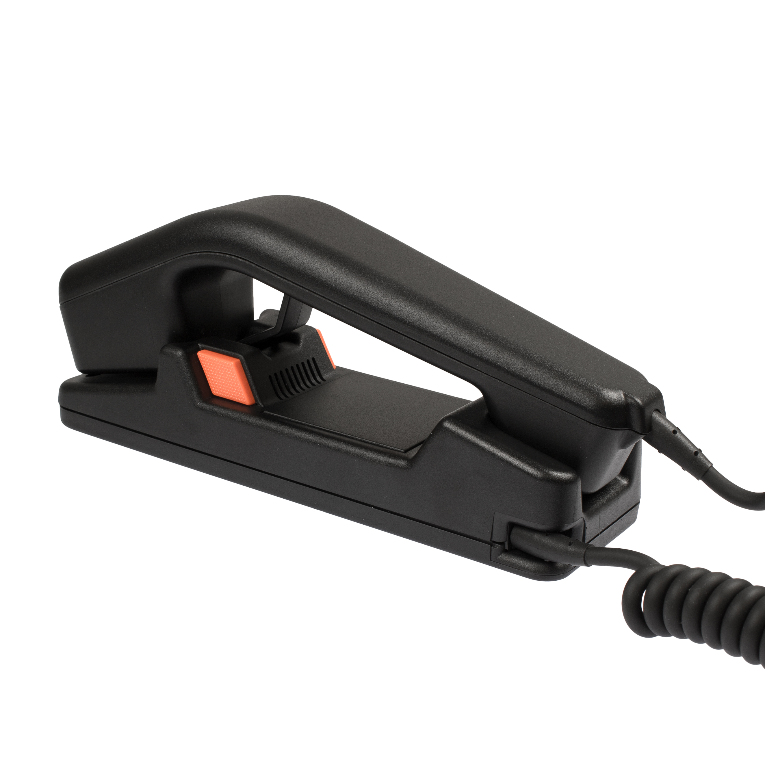 Schwarzer Festnetztelefonhörer mit orangener Taste, Kabel verbunden.