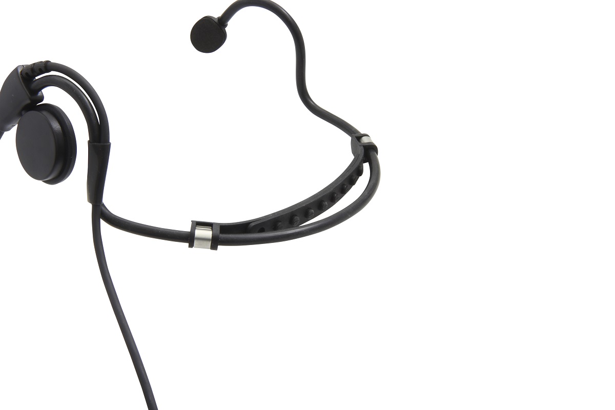 Schwarzes Headset mit Halsbügel und Mikrofon.