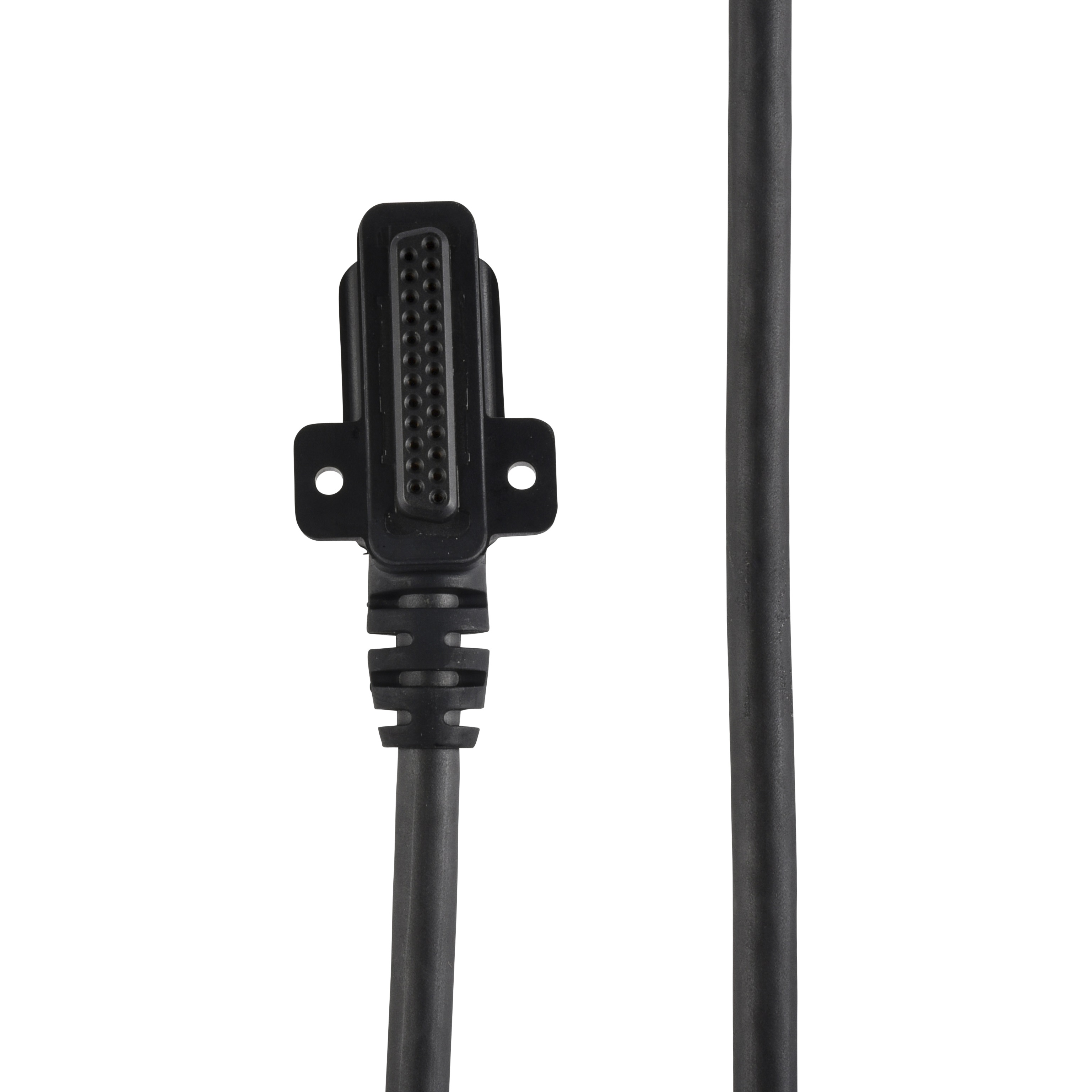 Schwarzes Kabel mit rechteckigem Stecker mit mehreren Pins.