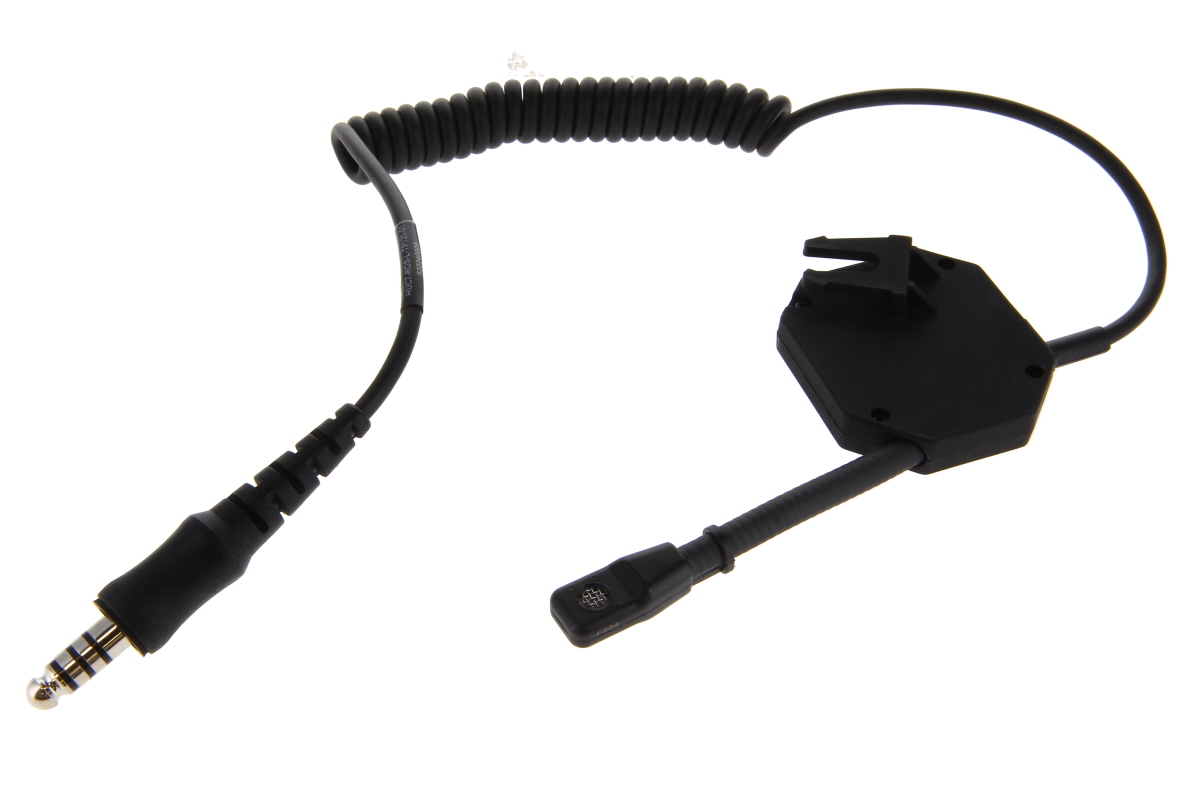 Spiralkabel mit Mikrofon und Stecker, geeignet für Audiogeräte.