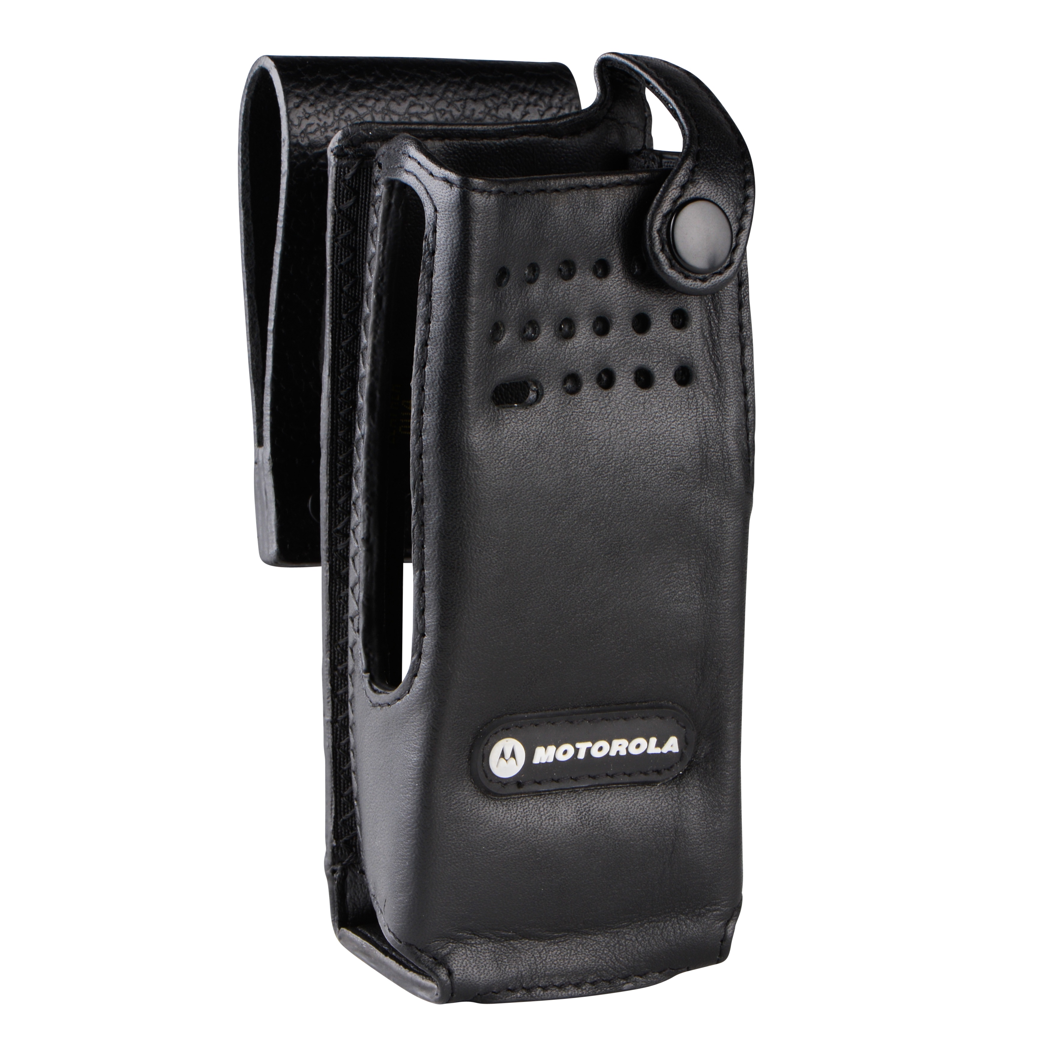 Black leather case for a portable Motorola device with belt clip.