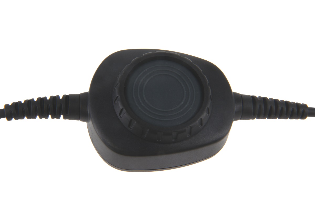 Black oval button with ribbed edge, cable connectors on both sides.