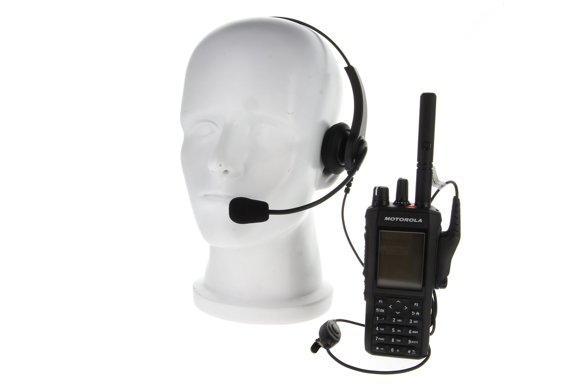 Headset auf Kopfmodell, mit tragbarem Funkgerät, Motorola-Logo.