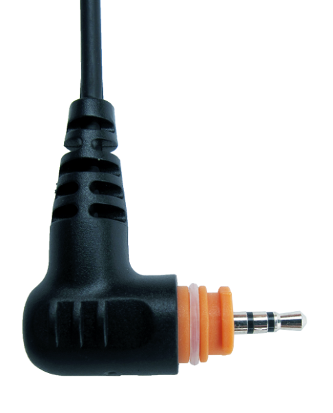 Black 3.5 mm right-angle plug with orange ring.