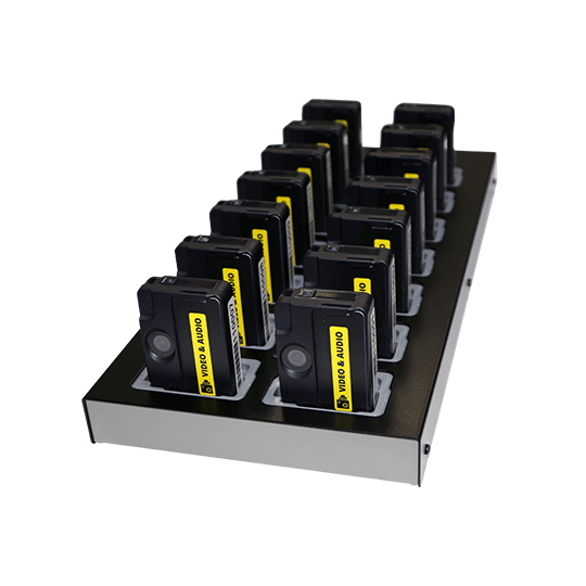 Multiple black camera units in a charging station.