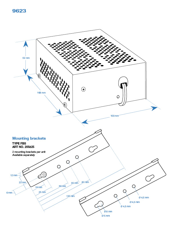 Technical drawing of a ventilation unit with mounting brackets and dimensions.