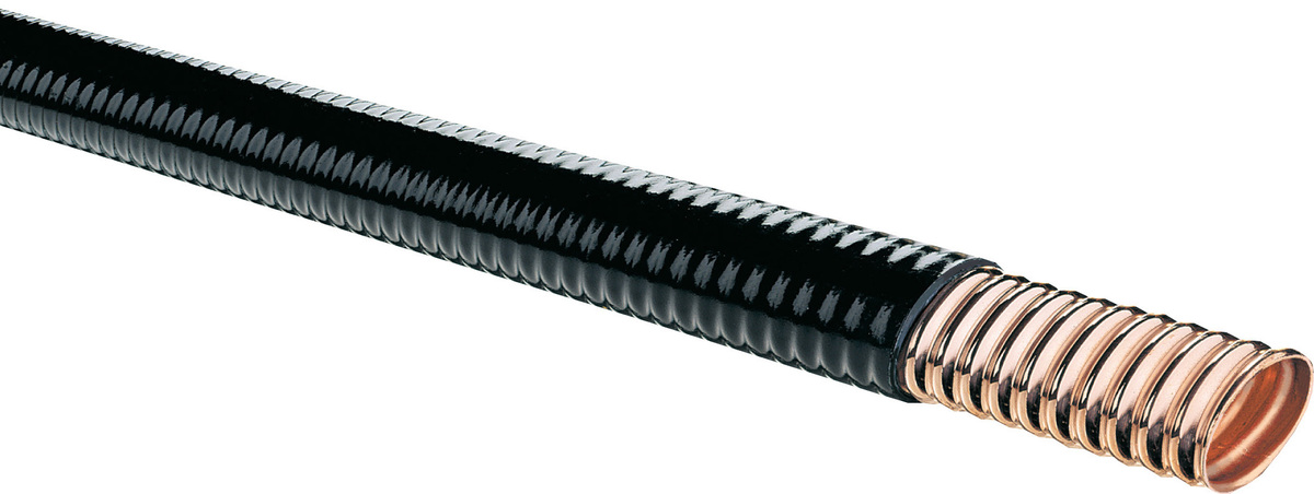 Flexible hose with black ribbing and copper end