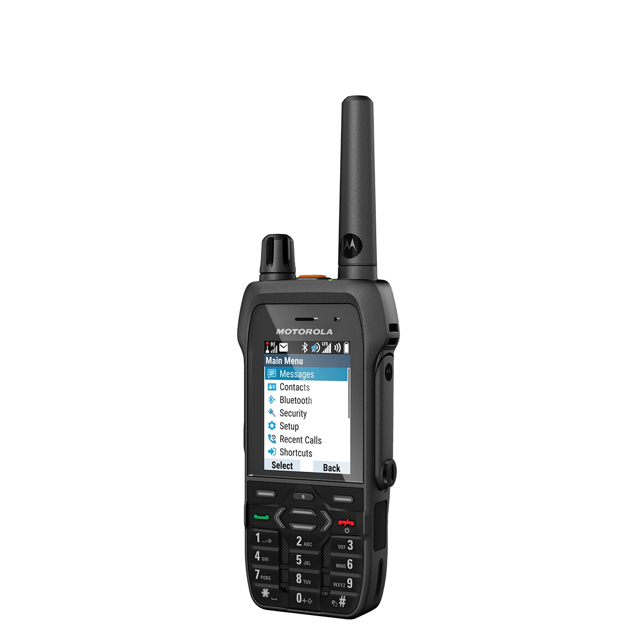 Radio handset with screen, main menu visible.