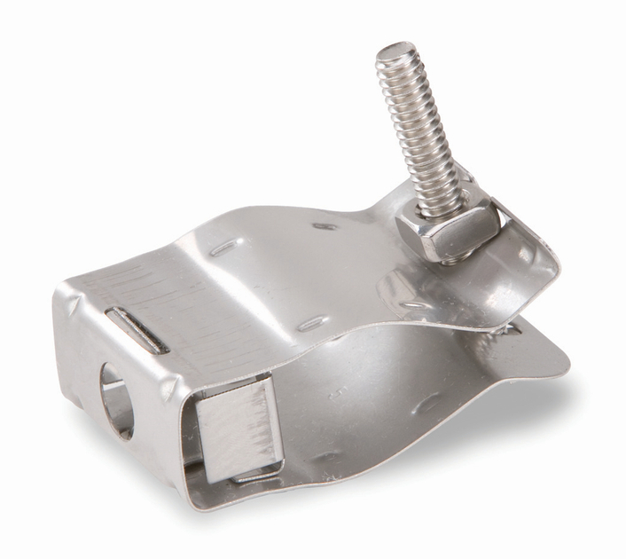 Metal clamp with bolt and nut, used for fastening.