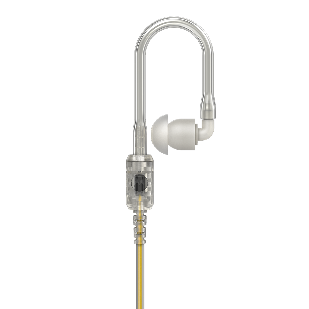 Transparenter Ohrhörer mit weißem Ohrstöpsel und gelbem Kabel.