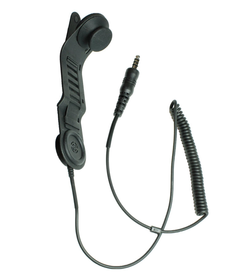 Schwarzer Telefonhörer mit Spiralkabel und 3,5 mm Klinkenstecker.