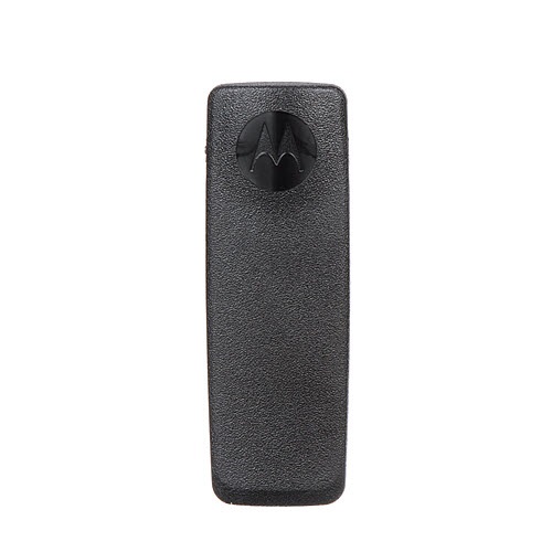 Schwarzer Gürtelclip mit Motorola-Logo.