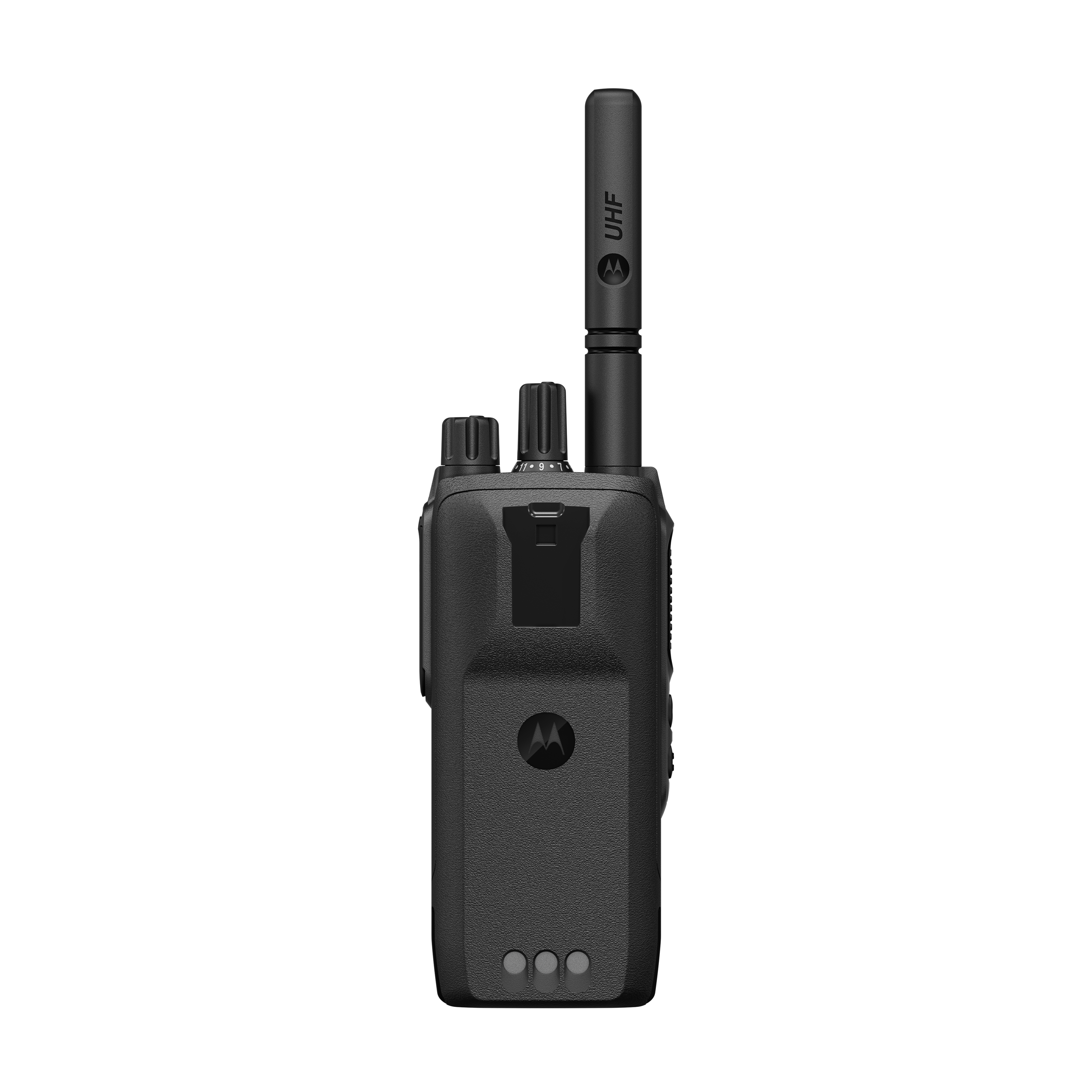 Schwarzes Handfunkgerät mit zwei Drehknöpfen und einer UHF-Antenne.