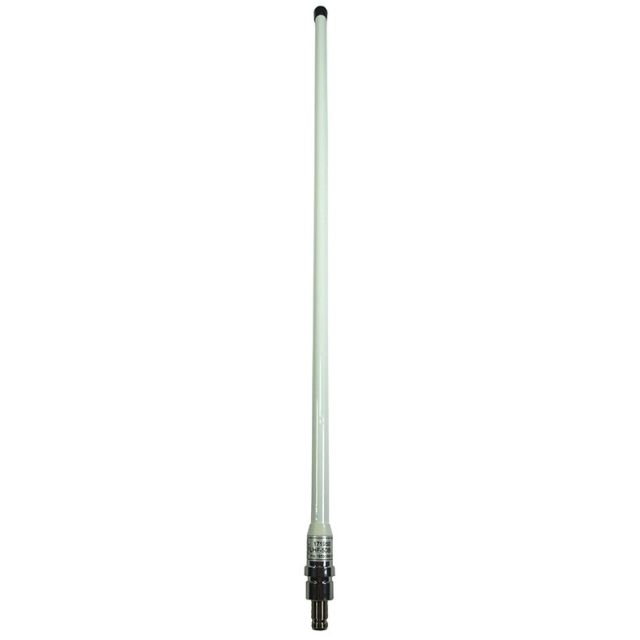 Long white radio antenna with black tip, metal base