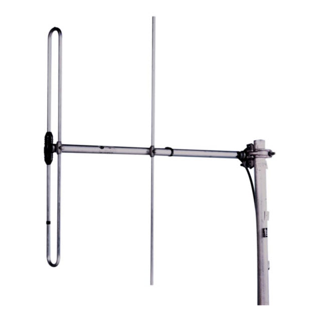 Yagi antenna with two symmetrical metal rods on a mast.