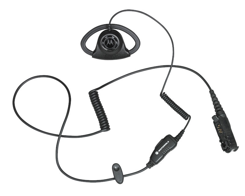 7000-00235800_mot_01.jpg Black wired earpiece set with microphone and connector plug.