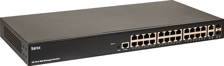 Black 26-port gigabit switch with network interfaces.
